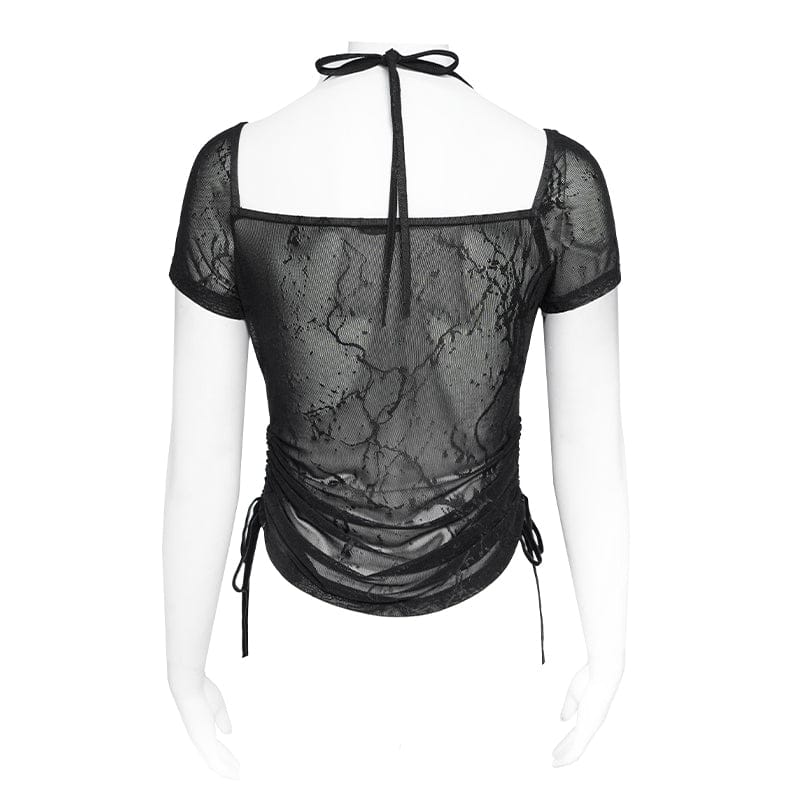 DEVILFASHION Women's Punk Studded Chained Drawstring Short Sleeved Shirt