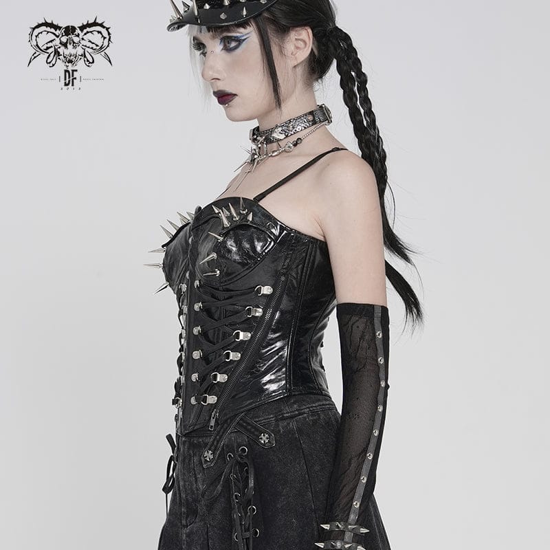 DEVILFASHION Women's Punk Studded Zip Lace-up Overbust Corset Black