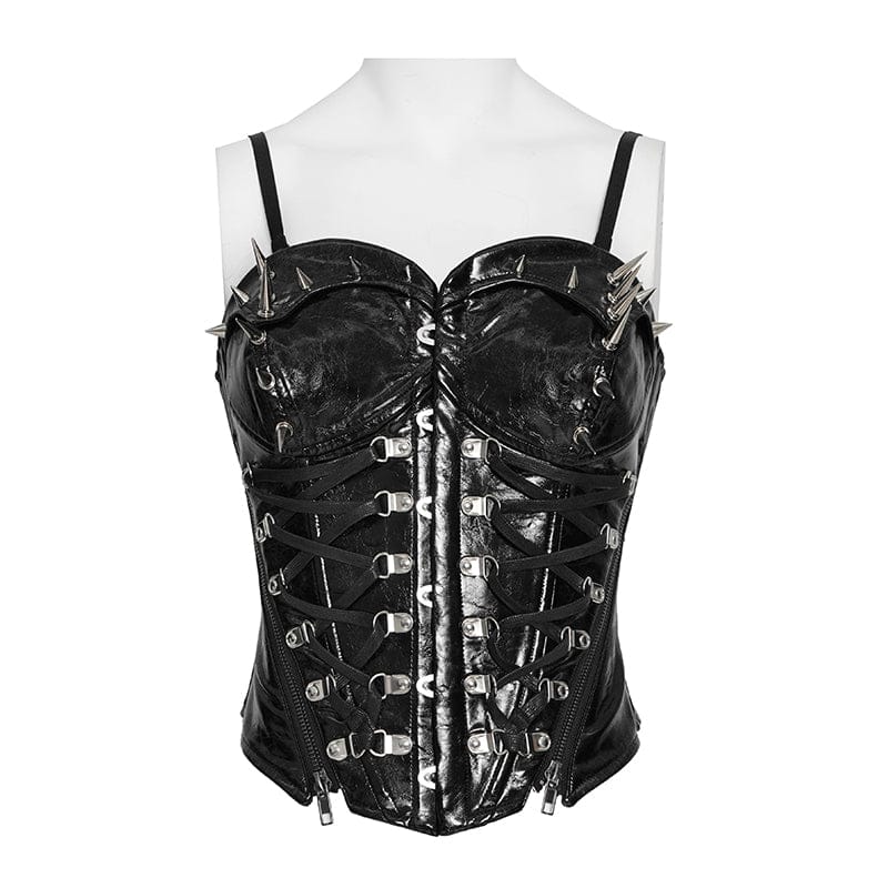 DEVILFASHION Women's Punk Studded Zip Lace-up Overbust Corset Black