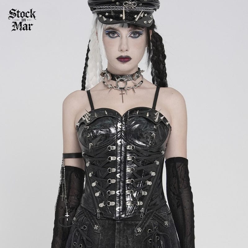 DEVILFASHION Women's Punk Studded Zip Lace-up Overbust Corset Black