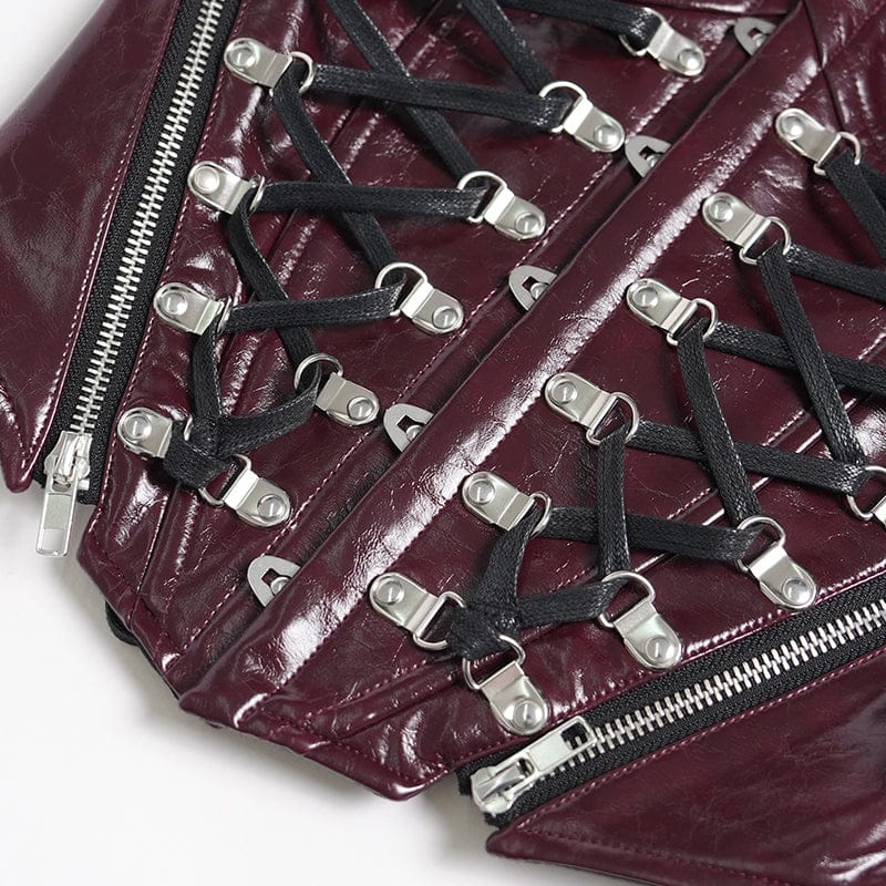 DEVILFASHION Women's Punk Studded Zip Lace-up Overbust Corset Red