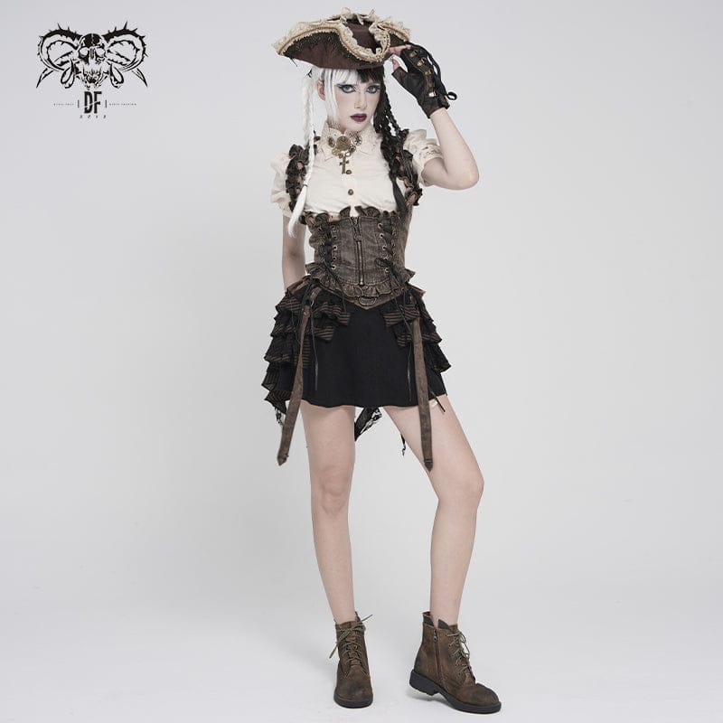 DEVILFASHION Women's Steampunk Lace-up Zip Swallow-tailed Vest Bronze