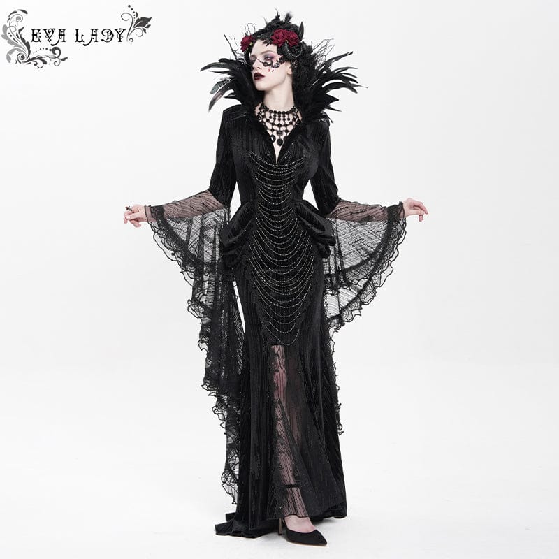 EVA LADY Women's Custom-made Gothic Feather Chain Plunging Long Sleeved Gown