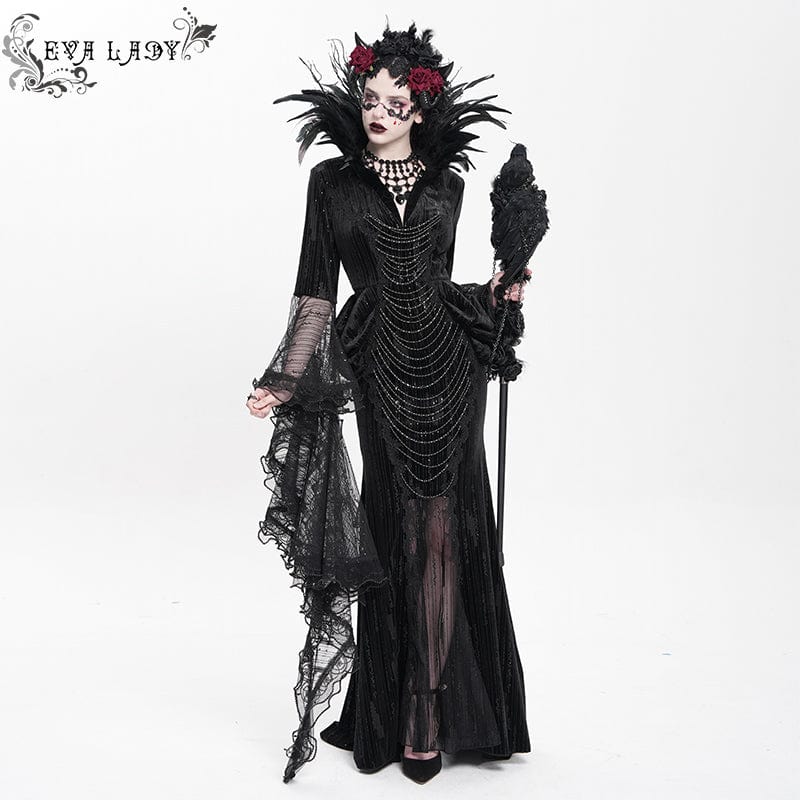 EVA LADY Women's Custom-made Gothic Feather Chain Plunging Long Sleeved Gown