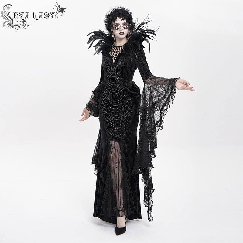 EVA LADY Women's Custom-made Gothic Feather Chain Plunging Long Sleeved Gown