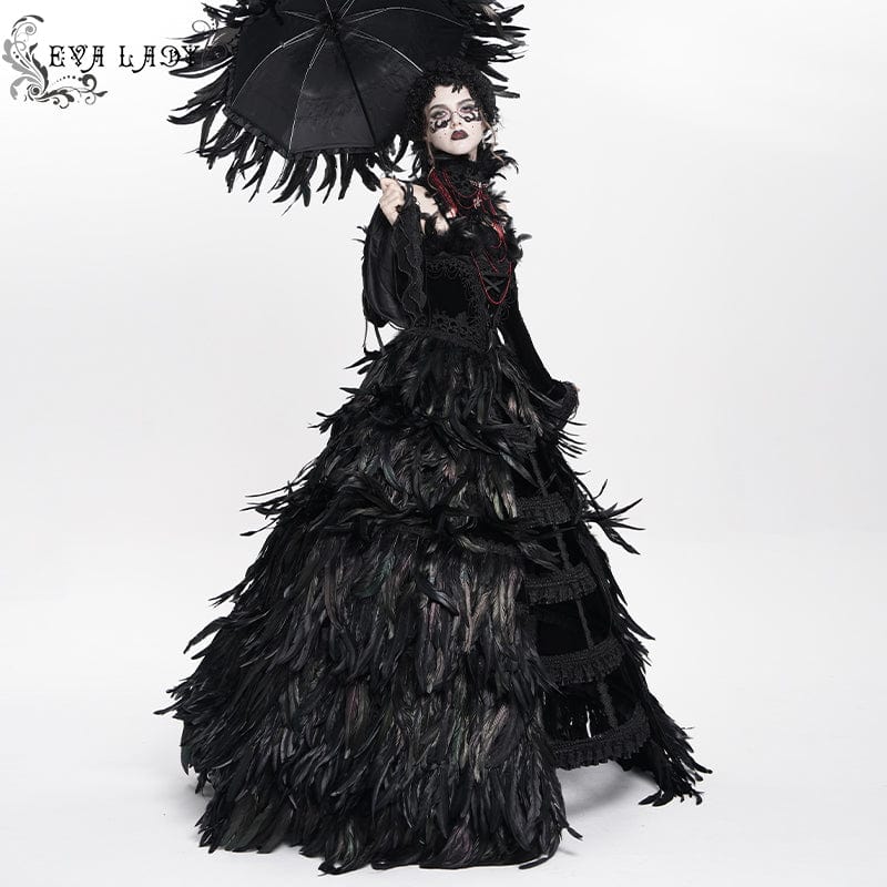 EVA LADY Women's Custom-made Gothic Lace-up Feather Slip Gown with Neckpiece & Sleeves
