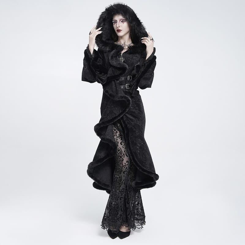 EVA LADY Women's Gothic Asymmetric Buckle Strap Hooded Jacquard Coat