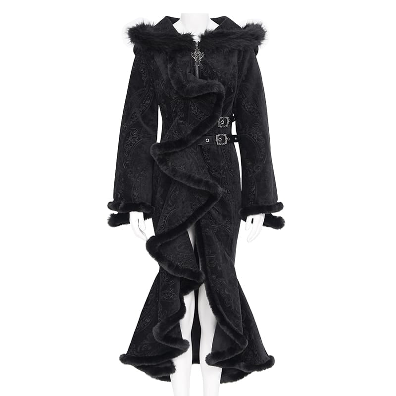 EVA LADY Women's Gothic Asymmetric Buckle Strap Hooded Jacquard Coat