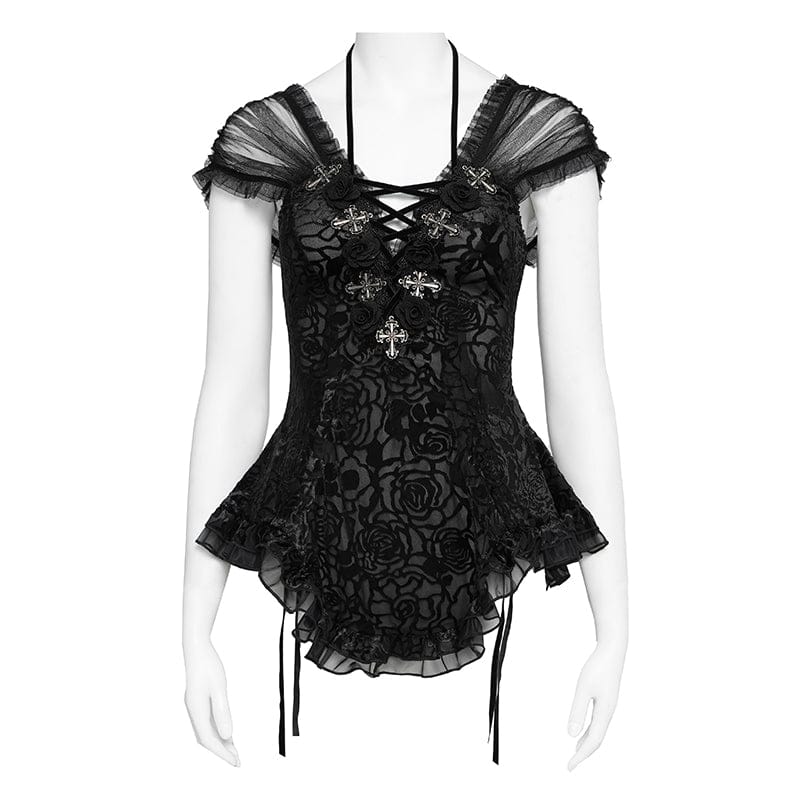 EVA LADY Women's Gothic Cross Plunging Short Sleeve Top