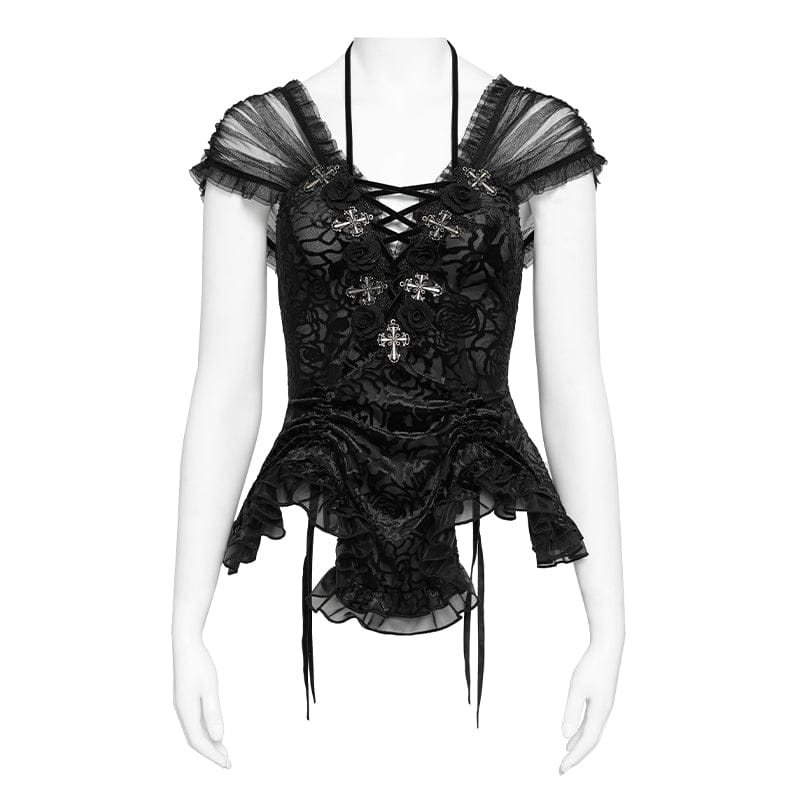 EVA LADY Women's Gothic Cross Plunging Short Sleeve Top