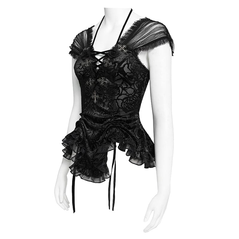 EVA LADY Women's Gothic Cross Plunging Short Sleeve Top