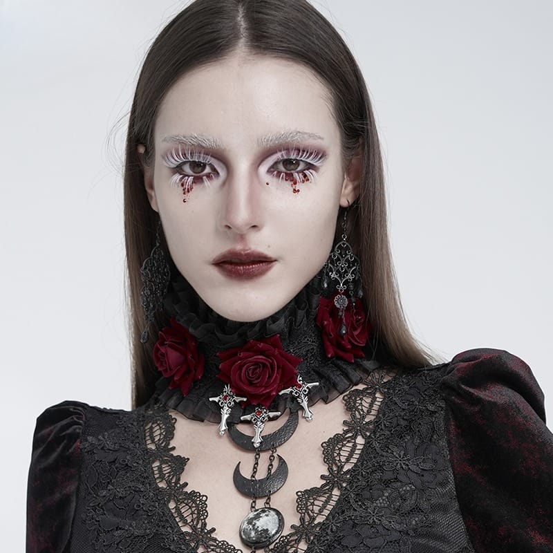 EVA LADY Women's Gothic Cross Rose Ruffled Lace Mesh Neck Collar Black-Red