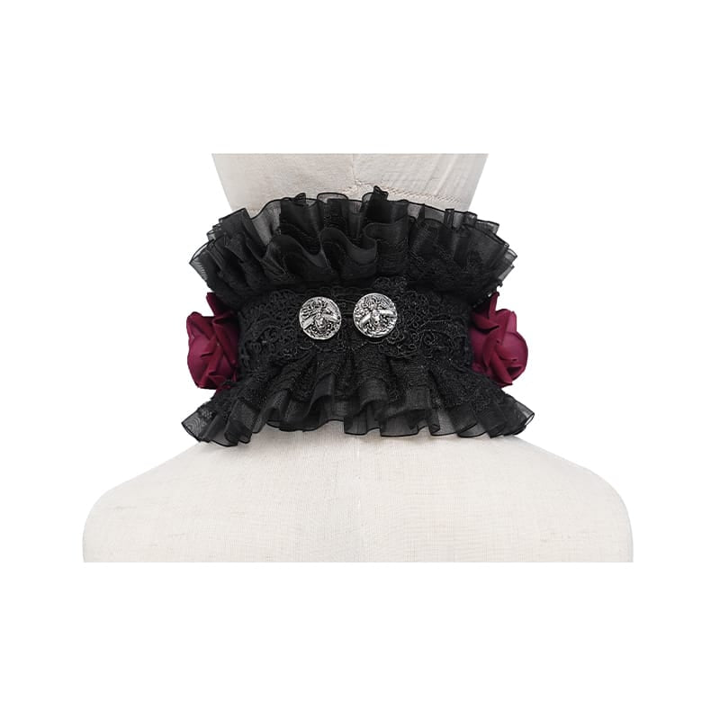 EVA LADY Women's Gothic Cross Rose Ruffled Lace Mesh Neck Collar Black-Red