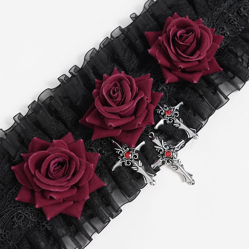 EVA LADY Women's Gothic Cross Rose Ruffled Lace Mesh Neck Collar Black-Red