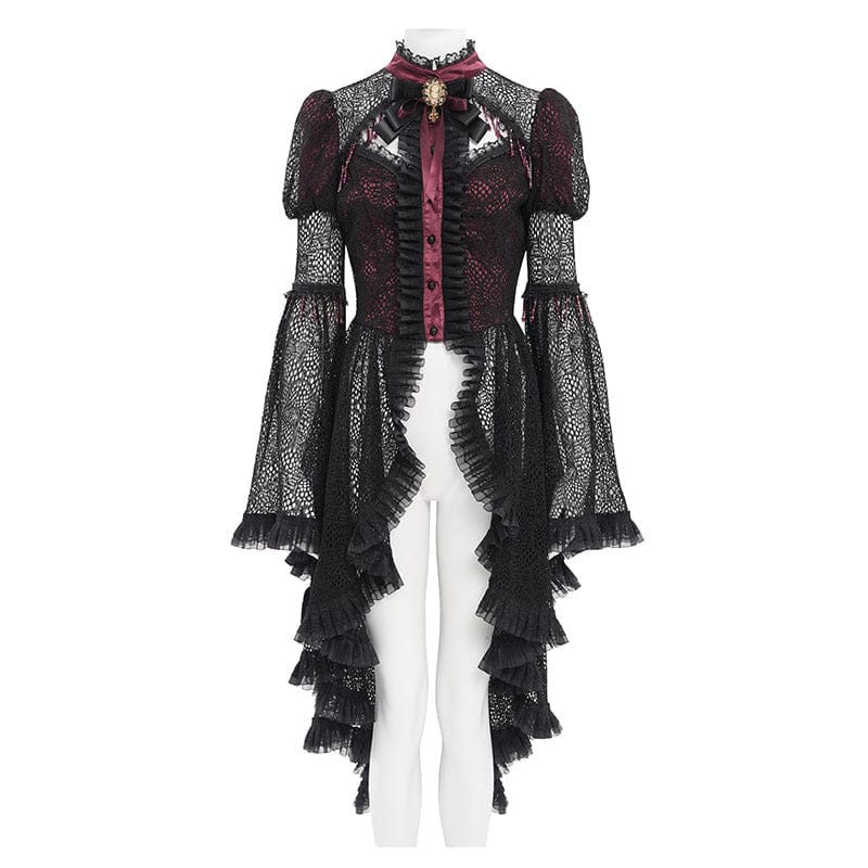EVA LADY Women's Gothic Cutout Beaded Flared Sleeved Shirt Black-Red