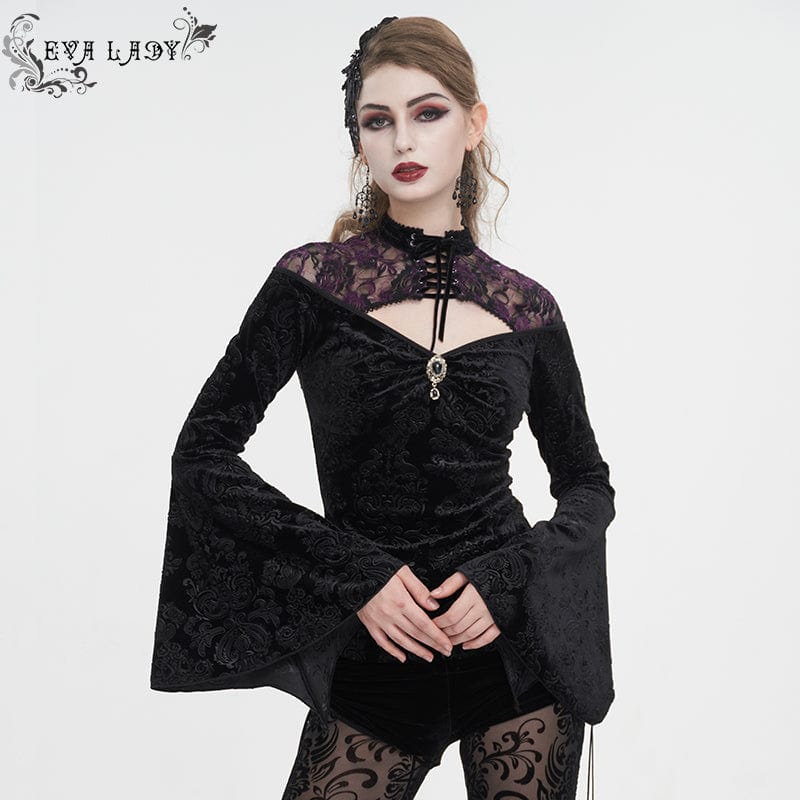 EVA LADY Women's Gothic Cutout Flared Sleeved Floral Embossed Shirt