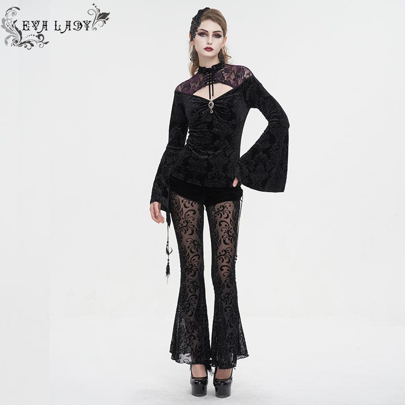 EVA LADY Women's Gothic Cutout Flared Sleeved Floral Embossed Shirt