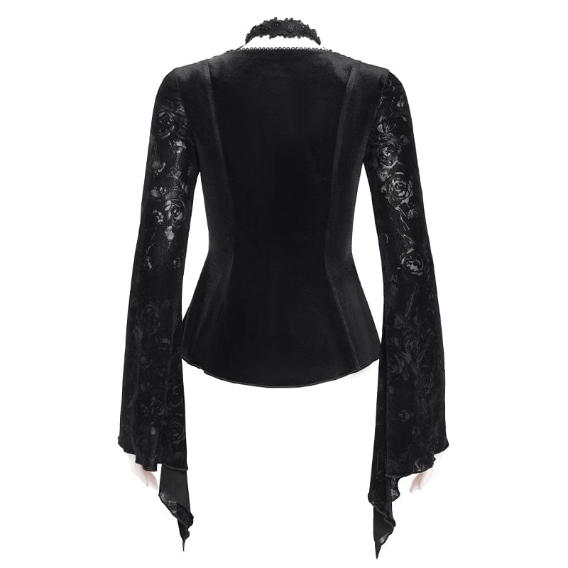 EVA LADY Women's Gothic Cutout Flared Sleeved Velvet Shirt Black