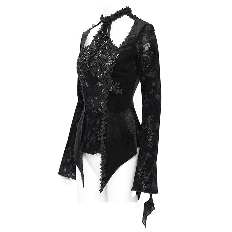 EVA LADY Women's Gothic Cutout Flared Sleeved Velvet Shirt Black