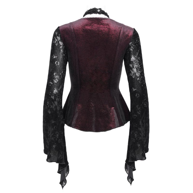 EVA LADY Women's Gothic Cutout Flared Sleeved Velvet Shirt Red