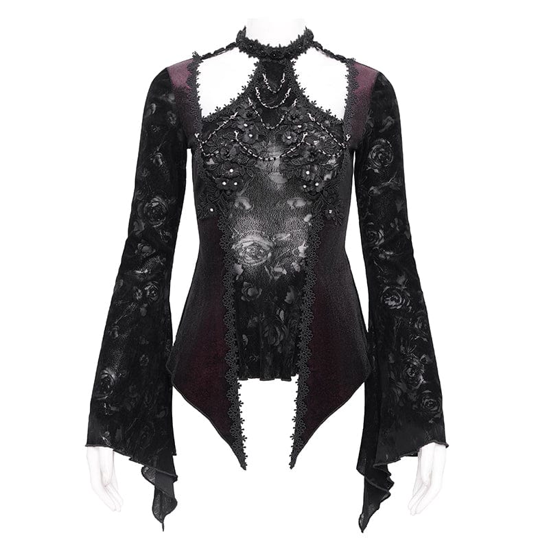 EVA LADY Women's Gothic Cutout Flared Sleeved Velvet Shirt Red