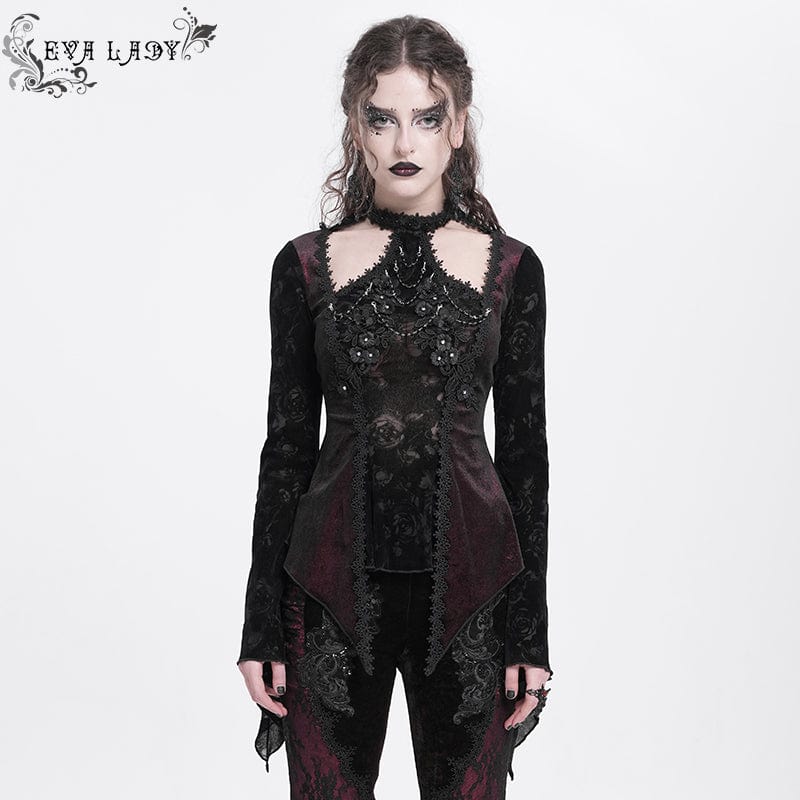 EVA LADY Women's Gothic Cutout Flared Sleeved Velvet Shirt Red