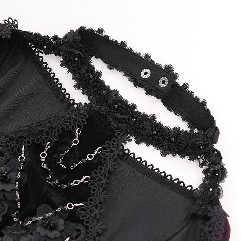 EVA LADY Women's Gothic Cutout Flared Sleeved Velvet Shirt Red