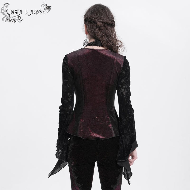 EVA LADY Women's Gothic Cutout Flared Sleeved Velvet Shirt Red