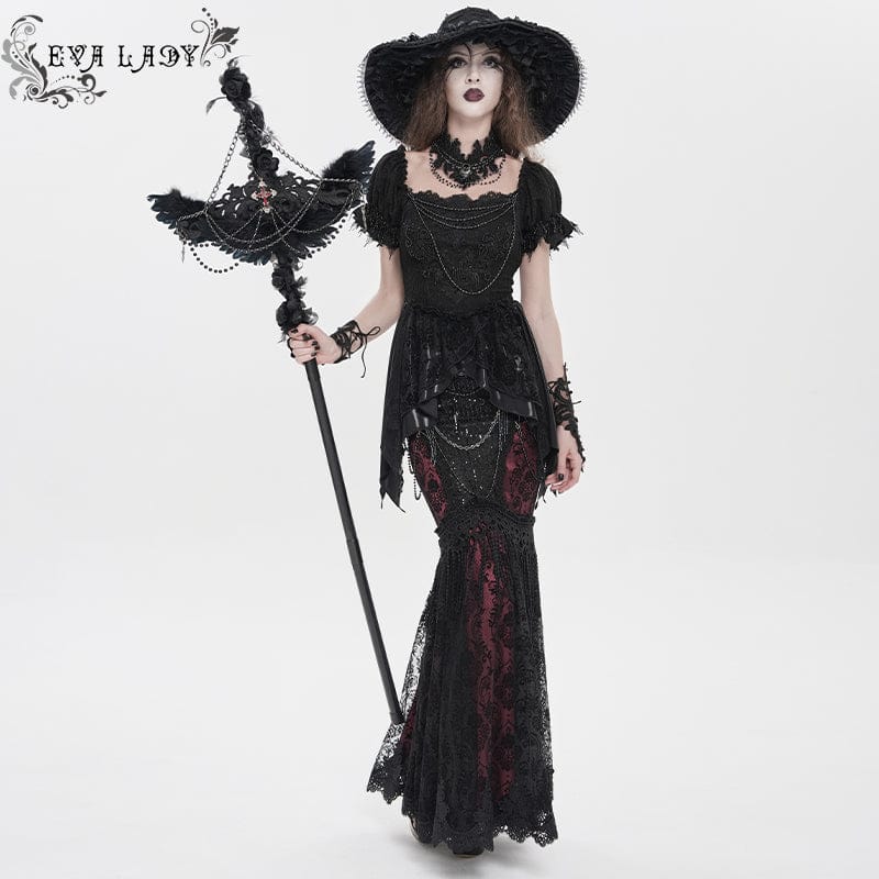 EVA LADY Women's Gothic Embroidered Chained Off Shoulder Shirt Black