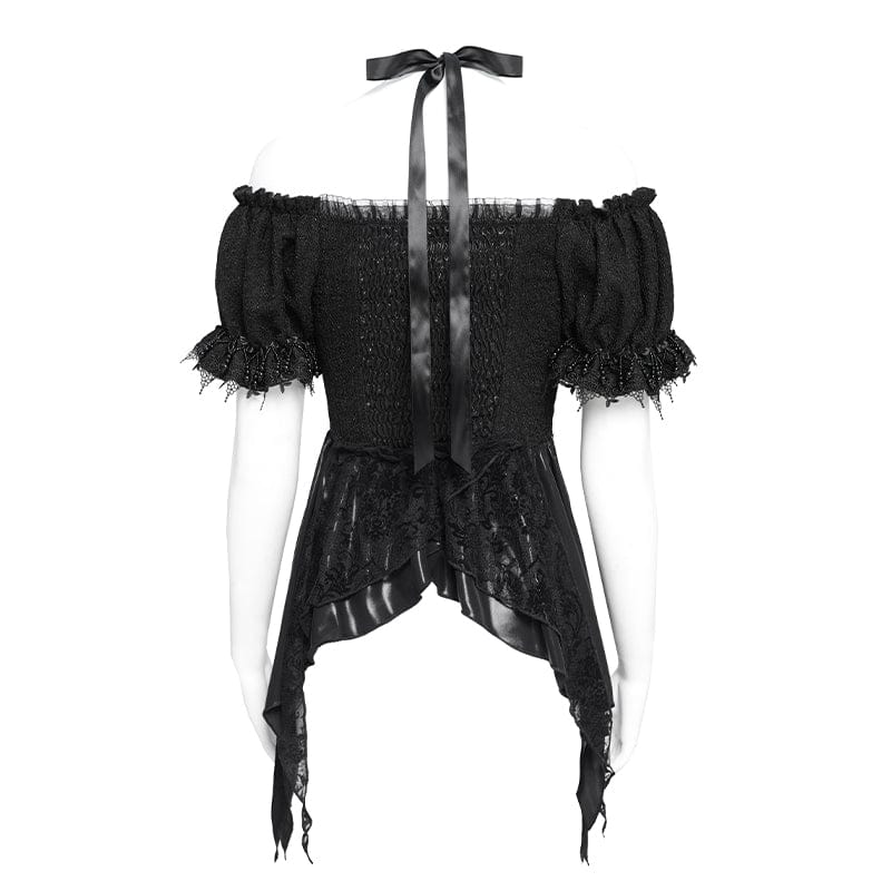 EVA LADY Women's Gothic Embroidered Chained Off Shoulder Shirt Black