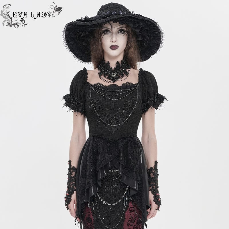 EVA LADY Women's Gothic Embroidered Chained Off Shoulder Shirt Black