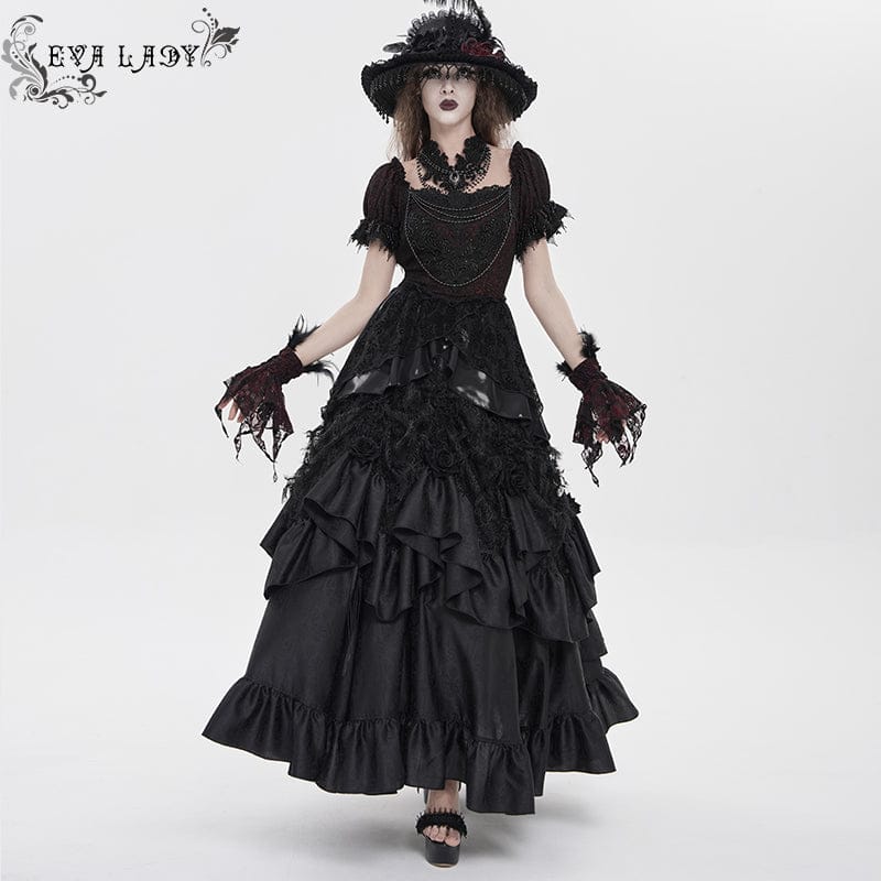 EVA LADY Women's Gothic Embroidered Chained Off Shoulder Shirt Black-Red
