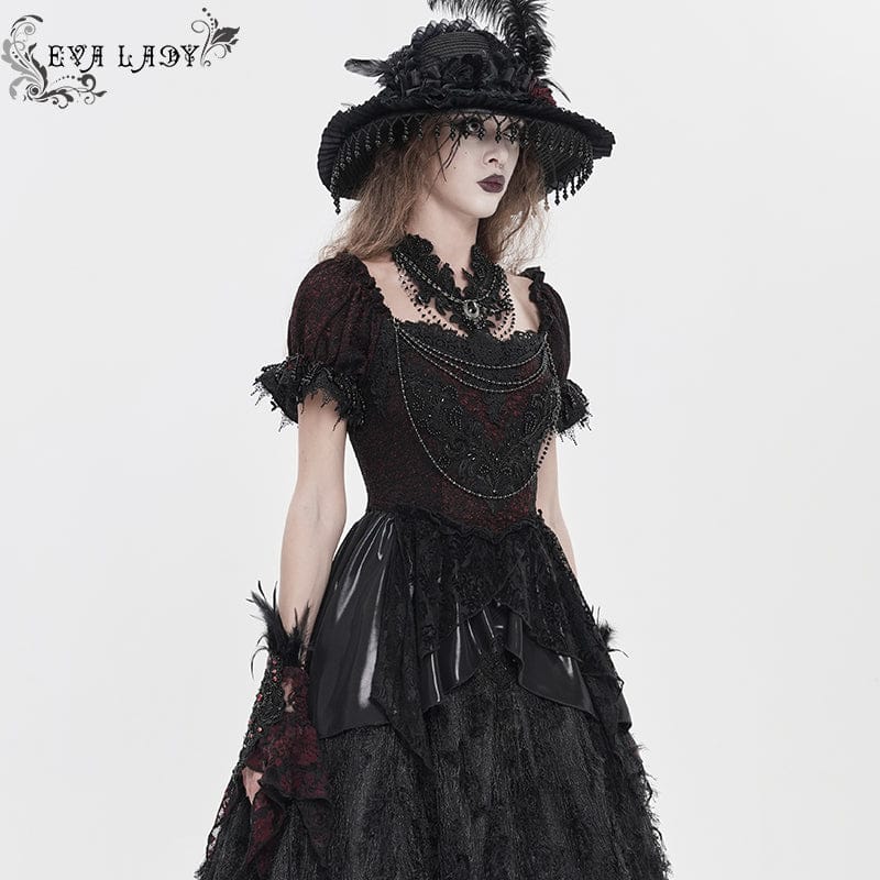 EVA LADY Women's Gothic Embroidered Chained Off Shoulder Shirt Black-Red