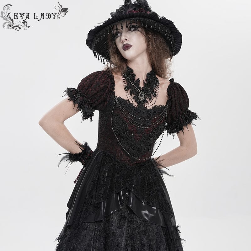 EVA LADY Women's Gothic Embroidered Chained Off Shoulder Shirt Black-Red