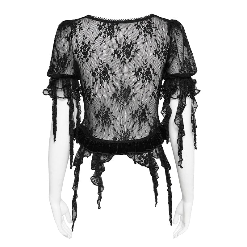 EVA LADY Women's Gothic Embroidered Cross Chained Lace Top Black
