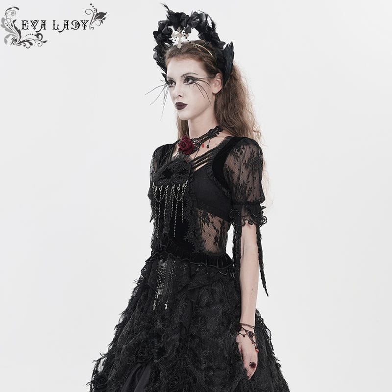 EVA LADY Women's Gothic Embroidered Cross Chained Lace Top Black