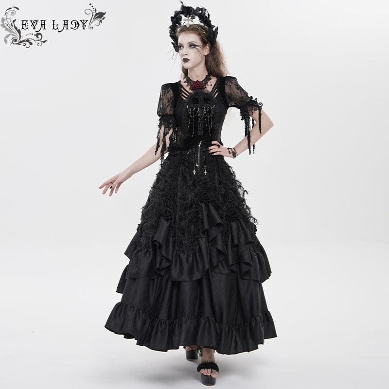 EVA LADY Women's Gothic Embroidered Cross Chained Lace Top Black