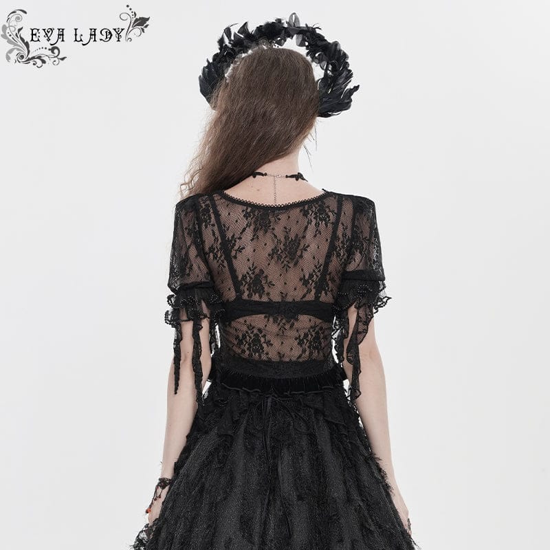 EVA LADY Women's Gothic Embroidered Cross Chained Lace Top Black