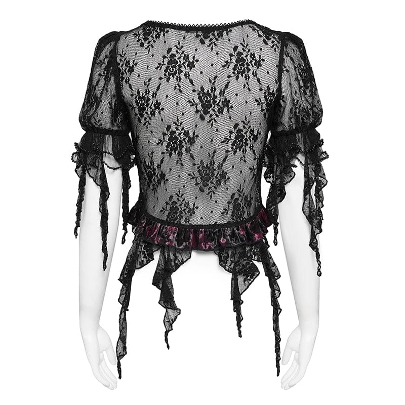 EVA LADY Women's Gothic Embroidered Cross Chained Lace Top Black-Red
