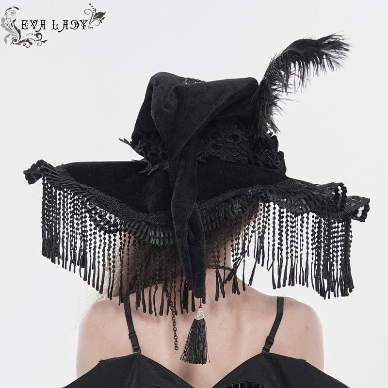 EVA LADY Women's Gothic Embroidered Feather Tassels Witch Hat