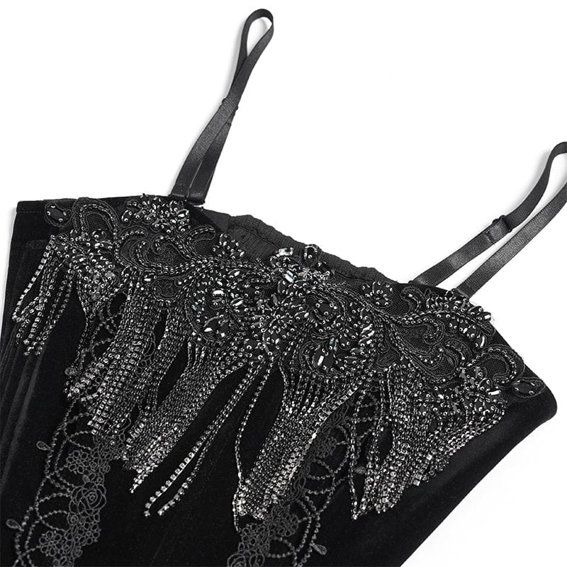 EVA LADY Women's Gothic Embroidered Tassels Lace-up Overbust Corset Black