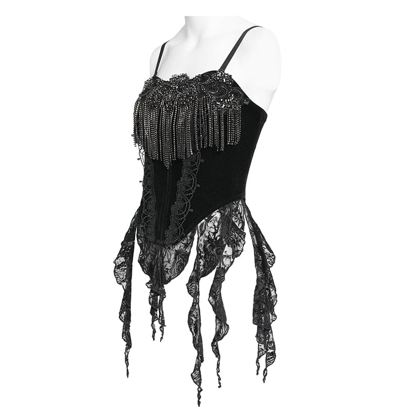 EVA LADY Women's Gothic Embroidered Tassels Lace-up Overbust Corset Black