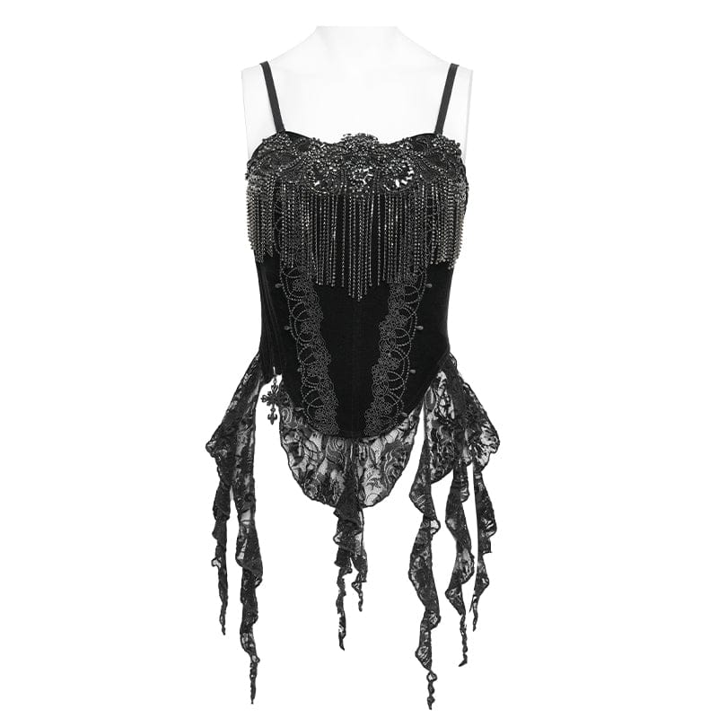 EVA LADY Women's Gothic Embroidered Tassels Lace-up Overbust Corset Black