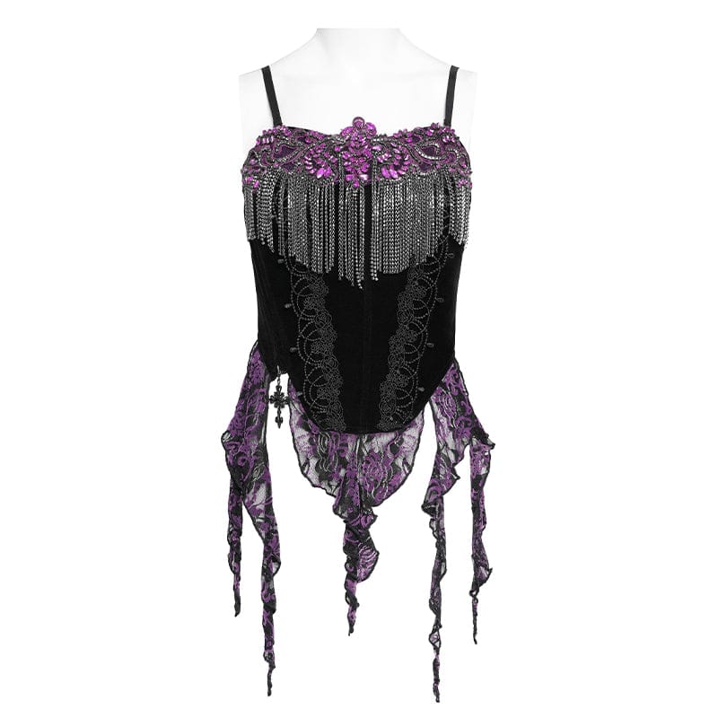 EVA LADY Women's Gothic Embroidered Tassels Lace-up Overbust Corset Black-Purple