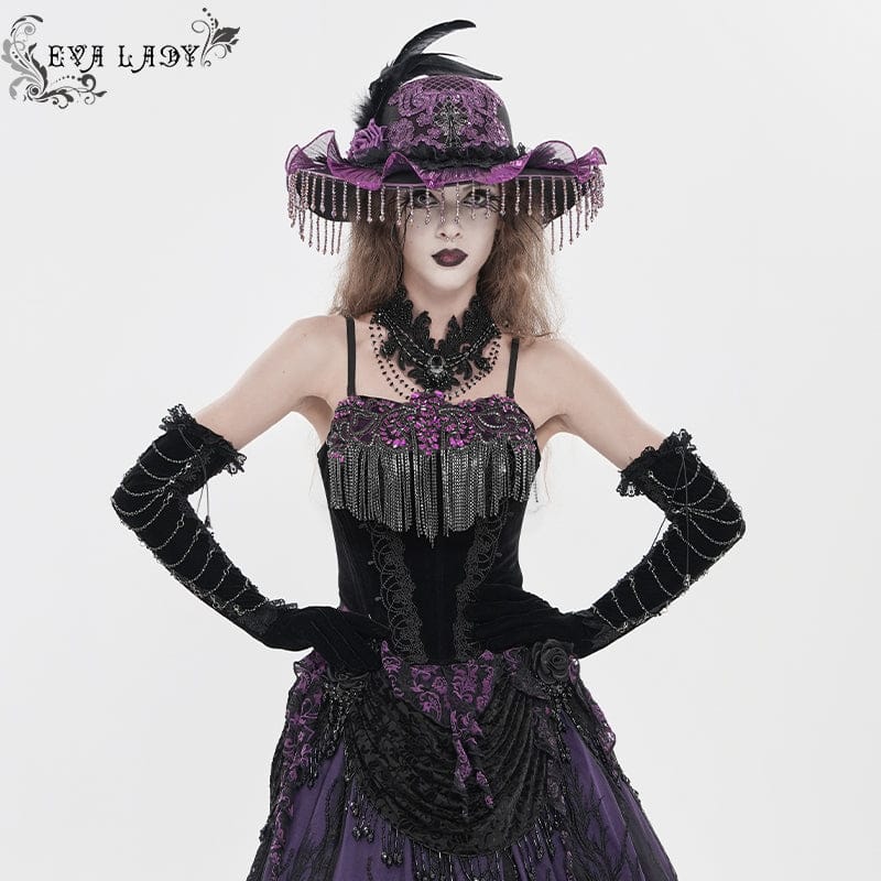 EVA LADY Women's Gothic Embroidered Tassels Lace-up Overbust Corset Black-Purple