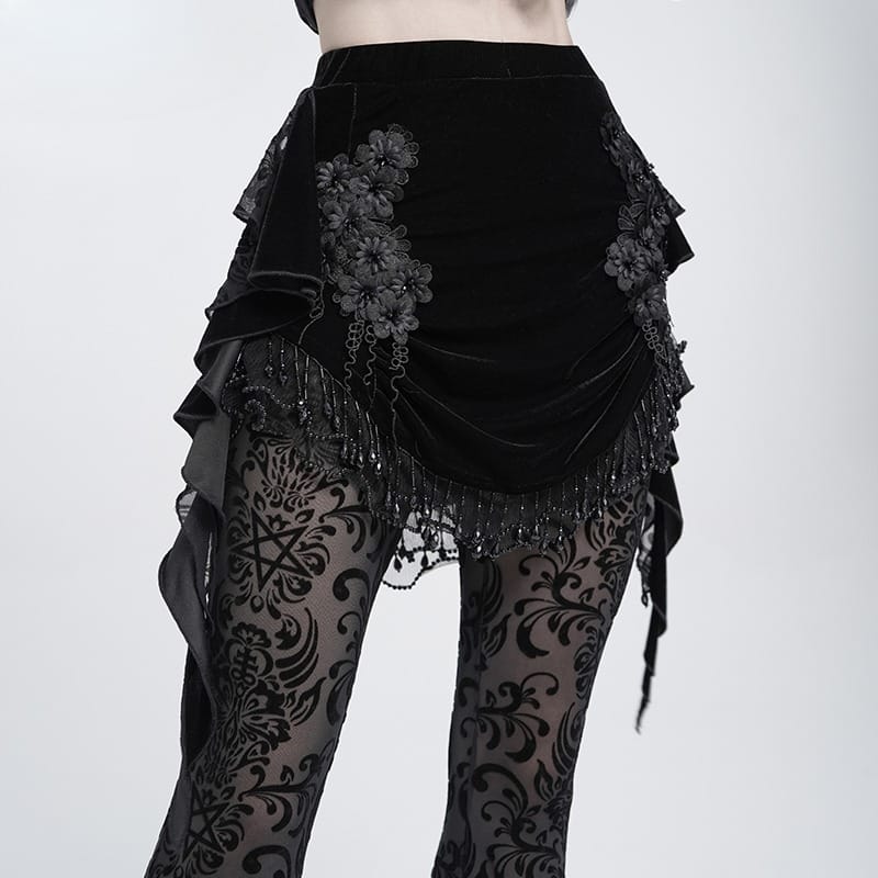 EVA LADY Women's Gothic Floral Beaded Fringe Velvet Skirt with Streamer