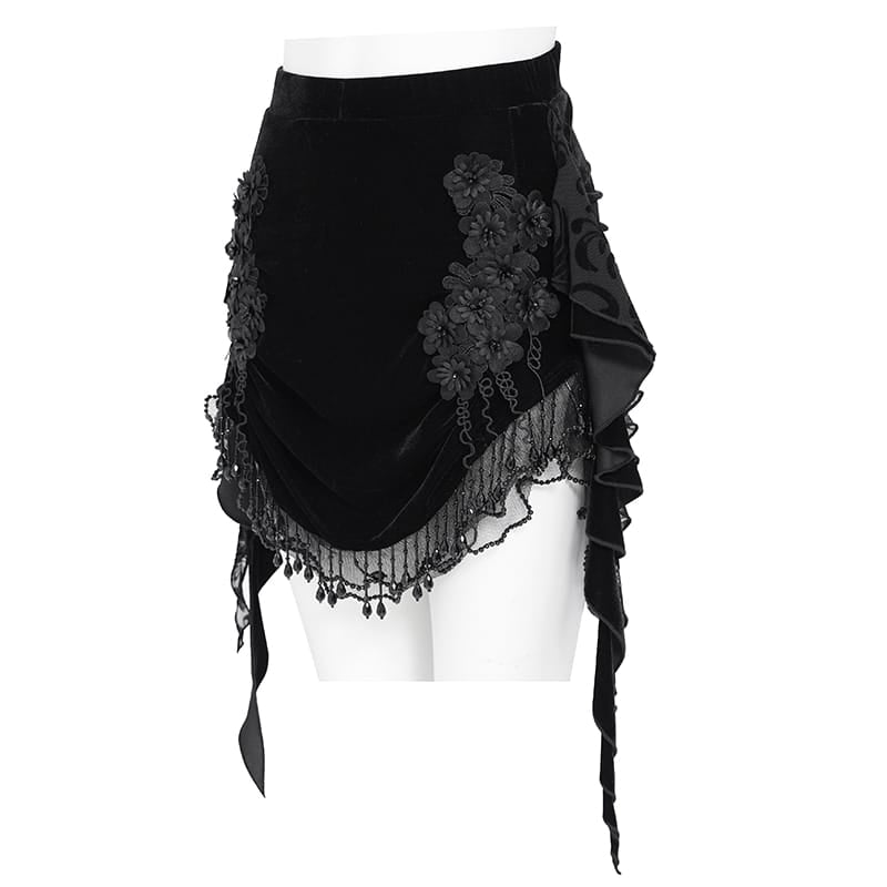 EVA LADY Women's Gothic Floral Beaded Fringe Velvet Skirt with Streamer