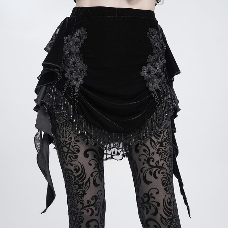 EVA LADY Women's Gothic Floral Beaded Fringe Velvet Skirt with Streamer