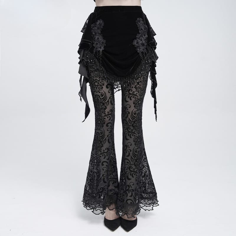 EVA LADY Women's Gothic Floral Beaded Fringe Velvet Skirt with Streamer