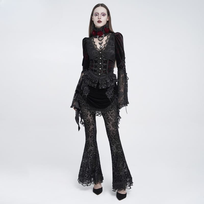 EVA LADY Women's Gothic Floral Beaded Fringe Velvet Skirt with Streamer